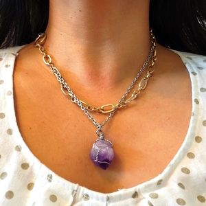 Two Toned Large & Small Chain Necklace W Purple Amethyst Stone